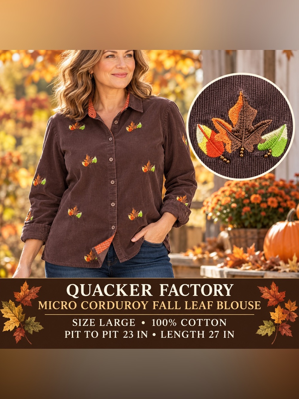 Quacker Factory Brown  Micro Corduroy Shirt with Leaf‎ Embroidery, Large Fall